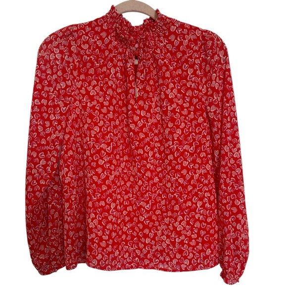 J. Crew Smocked keyhole top Red Pink Heart Medium blouse Top Ruffle. Size Small. - Picture 1 of 6